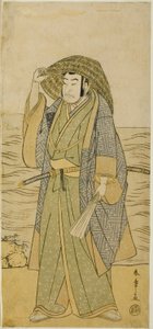 Skuespilleren Nakamura Nakazo I som Kume no Heinaizaemon forklædt som spåkonen Kosaka Jinnai i skuespillet Kotobuki Banzei Soga, opført på Ichimura Theatre i den femte måned, 1783 af Katsukawa Shunsho