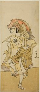 Skuespilleren Nakamura Nakazo I som Onmaya Kisanda forklædt som løvedanseren Kakubei i stykket Chigo Torii Tobiiri Kitsune, opført på Ichimura Theatre i den ellevte måned, 1777 af Katsukawa Shunsho
