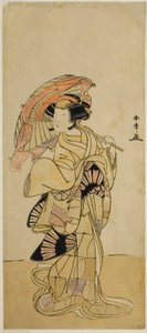 Skuespilleren Nakamura Tomijuro I som en hunræv fra Ubagadake-bjerget i skuespillet Chigo Torii Tobiiri Kitsune, opført på Ichimura-teatret i den ellevte måned, 1777 af Katsukawa Shunsho