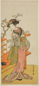 Skuespilleren Nakamura Tomijuro I som servitrice Otake i stykket Chigo Suzuri Aoyagi Soga, opført på Nakamura Theatre i den første måned, 1777 af Katsukawa Shunsho