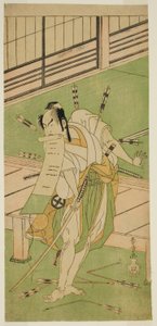Skuespilleren Otani Hiroji III som en hvid ræv forklædt som Ukishima Daihachi i stykket Shinasadame Soma no Mombi, opført på Ichimura Theatre i den syvende måned, 1770 af Katsukawa Shunsho