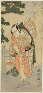 Skuespilleren Otani Hiroji III i en scenestilling (Mie) foran en helligdomsport af Katsukawa Shunsho
