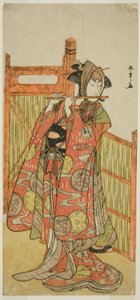 Skuespilleren Segawa Kikunojo III som Kojoro-gitsune forklædt som blomsterhandleren Okiku i stykket Mure Takamatsu Yuki no Shirahata, opført på Ichimura Theatre i den ellevte måned, 1780 af Katsukawa Shunsho