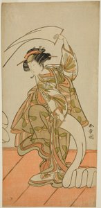 Skuespilleren Segawa Kikunojo III som kurtisane Kisegawa i en "Nuno Sarashi"-dans i skuespillet Hana-zumo Genji Hiiki, opført på Nakamura Theatre i den ellevte måned, 1775 af Katsukawa Shunsho