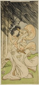 Skuespilleren Yamashita Kinsaku II som en tordengudinde i stykket Onna Narukami, opført på Morita Theatre i den første måned, 1770 af Katsukawa Shunsho