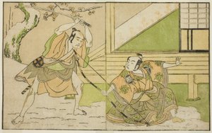 Skuespillerne Arashi Sangoro II som Hojo Tokiyori (til højre) og Otani Hiroji III som Koga Saburo (til venstre), i skuespillet Kono Hana Yotsugi no Hachi no Ki, opført på Ichimura Theatre i den ellevte måned, 1771 af Katsukawa Shunsho