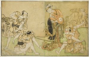 Skuespillerne Bando Zenji I som Nagahashi Saburo, Iwai Hanshiro IV som Otatsu-gitsune, Nakamura Konozo som Hagai Ujitsune og en uidentificeret skuespiller (højre mod venstre), i Play Nue no Mori Ichiyo no Mato, opført på Nakamura Theatre i ellevte måned, af Katsukawa Shunsho