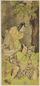 Skuespillerne Ichikawa Danzo III som I no Hayata Tadazumi (til højre) og Matsumoto Koshiro II som Osada no Taro Kagemune (venstre), i Play Nue no Mori Ichiyo no Mato, opført på Nakamura Theatre i den ellevte måned, 1770 af Katsukawa Shunsho