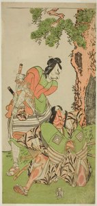 Skuespillerne Ichikawa Danzo III som I no Hayata Tadazumi (til højre) og Matsumoto Koshiro II som Osada no Taro Kagemune forklædt som Yatsurugi Zaemon (til venstre), i stykket Nue no Mori Ichiyo no Mato, opført på Nakamura Theatre i den ellevte måned , 177 af Katsukawa Shunsho
