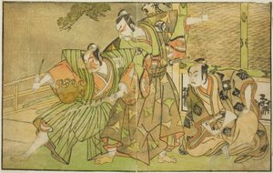 Skuespillerne Ichikawa Komazo II som Minamoto no Yorimasa (til højre), Matsumoto Koshiro II som Osada no Taro Kagemune Forklædt som Yatsurugi Zaemon (i midten), og Ichikawa Danzo III som I no Hayata Tadazumi (til venstre), I stykket Nue no Mori Ichiyo no M af Katsukawa Shunsho