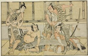 Skuespillerne Ichikawa Yaozo II som Kujaku no Saburo, Matsumoto Koshiro II som Hata no Daizen Taketora, Nakajima Mihoemon II som Aramaki Mimishiro og Nakamura Shocho I som Ki no Tsurayuki (højre mod venstre), i Play Kuni no Hana Ono no Itsumoji, Opført kl af Katsukawa Shunsho