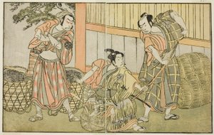Skuespillerne Kasaya Matakuro II som Hagun Taro (til højre), Ichikawa Monnosuke II som Izutsu no Suke Narihira (i midten) og Nakamura Nakazo I som Kose no Kanaoka Forklædt som Trækulsmageren Sogoro, i stykket Kuni no Hana Ono no Itsumoji, opført ved Naka af Katsukawa Shunsho
