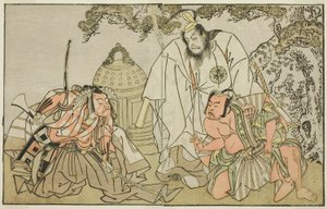 Skuespillerne Nakajima Mihoemon II som Aramaki Mimishiro (til højre), Matsumoto Koshiro II som Otomo no Yamanushi (i midten) og Ichikawa Danzo III som Hannya no Goro (til venstre), i stykket Kuni no Hana Ono no Itsumoji, opført på Nakamura Theatre i det el af Katsukawa Shunsho