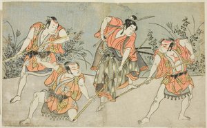 Skuespillerne Nakamura Kashiwagi som en Wakashu (anden fra højre) og tre uidentificerede skuespillere som Yakko af Katsukawa Shunsho