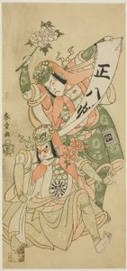 Skuespillerne Nakamura Nakazo I og Ichikawa Komazo I i dansescenen "Shakkyo" ("Stenbroen") i stykket "Ima o Sakari Suehiro Genji" ("The Genji Clan Now at Its Zenith"), opført på Nakamura Theatre fra den første dag i den ellevte måned, af Katsukawa Shunsho