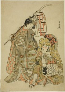 Skuespillerne Nakamura Nakazo I som Onmaya Kisanda klædt ud som løvedanseren Kakubei (Kakubei-jishi) (til højre) og Segawa Kikunojo III som Shizuka Gozen (til venstre), i dansesekvensen "Myoto-zake Kawaranu Nakanaka" (Everlasting Harmony of the Marital) )  af Katsukawa Shunsho