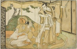 Skuespillerne Nakamura Nakazo I som Taira no Kiyomori (til højre) og Yamashita Kinsaku II som Tokiwa Gozen (til venstre), i Play Nue no Mori Ichiyo no Mato, opført på Nakamura Theatre i den ellevte måned, 1770 af Katsukawa Shunsho