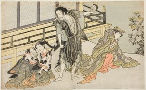 Skuespillerne Nakamura Noshio I som Nyosan no Miya (til højre), Ichikawa Danjuro V som Renegade Monk Yochin (i midten) og Yamashita Kinsaku II som Maid Mutsuhana (venstre), i stykket Fuki Kaete Tsukimo Yoshiwara, opført på Morita Theatre i de elleve af Katsukawa Shunsho