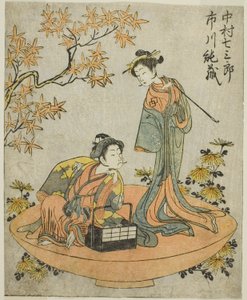 Skuespillerne Nakamura Shichisaburo III (til højre) og Ichikawa Junzo I (til venstre), i Play Nue no Mori Ichiyo no Mato, opført på Nakamura Theatre i den ellevte måned, 1770 af Katsukawa Shunsho
