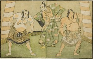 Skuespillerne Nakamura Sukegoro II som Matano no Goro (til højre), Onoe Kikugoro I som Soga no Taro (i midten) og Otani Hiroji III som Kawazu no Saburo (til venstre), i stykket Myoto-giku Izu no Kisewata, opført på Ichimura Teater i den ellevte måned, 1770 af Katsukawa Shunsho