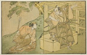 Skuespillerne Onoe Matsusuke I som Akaboshi Taro (til højre) og Azuma Tozo II som Shirotae (venstre), i skuespillet Kono Hana Yotsugi no Hachi no Ki, opført på Ichimura Theatre i den ellevte måned, 1771 af Katsukawa Shunsho
