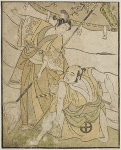 Skuespillerne Otani Tomoemon I som Emohei (til højre) og Sanogawa Ichimatsu II som Sanada Yoichi (til venstre), i skuespillet Myoto-giku Izu no Kisewata, opført på Ichimura Theatre i den ellevte måned, 1770 af Katsukawa Shunsho