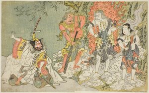 Skuespillerne Sawamura Kijuro I som Ikazuchi Shinno, Prince of Thunder (yderst til venstre), Ichikawa Danjuro V som den buddhistiske guddom Fudo (anden fra venstre), Nakamura Sukegoro II som Seitaka Doji (anden fra højre), og Bando Mitsugoro I som Kongara  af Katsukawa Shunsho