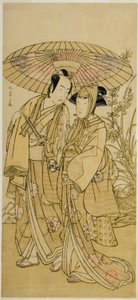 Skuespillerne Segawa Kikunojo III (til højre) som Ochiyo, og Bando Mitsugoro I (til venstre) som grønthandleren Hambei, i skuespillet Kabuki no Hana Bandai Soga, opført på Ichimura Theatre i den fjerde måned, 1781 af Katsukawa Shunsho
