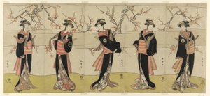 Skuespillerne Segawa Kikunojo III som Karigane Obun, Nakayama Tomisaburo I som An no Oyasu, Iwai Kiyotaro II som Kaminari no Osha, Nakayama Tatezo I som Gokuin no Osen og Ichikawa Monnosuke II som Hotei no Oichi (højre mod venstre) i "Gonin" Onna," Scene O af Katsukawa Shunsho