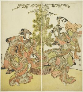 Skuespillerne Segawa Kikunojo III som Yasukata (til højre) og Iwai Hanshiro IV som Utou (til venstre) i skuespillet Godai Genji Mitsugi no Furisode, opført på Nakamura Theatre i den ellevte måned, 1782 af Katsukawa Shunsho