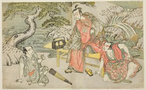 Skuespillerne Tomizawa Hanzaburo II som Nagoya Sanzaemon (ofte kaldet Sanza) (til højre), Nakamura Juzo II som Fuwa Banzaemon (i midten) og en uidentificeret skuespiller som lommetyven Matsumoto Daishichi (til venstre), i stykket Fuki Kaete Tsukimo Yoshiwa af Katsukawa Shunsho