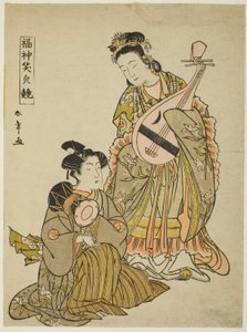 Gudinden Benten, der holder en Biwa og en ung mand, der holder en skuldertromme, fra serien "Comparing the Smiles of the Lucky Gods (Fukujin egao kurabe)" af Katsukawa Shunsho