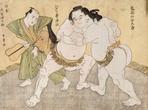 Brydekampen mellem Kimenzan Tanigoro og Edogasaki Gemji (træbloktryk i farver) af Katsukawa Shunsho