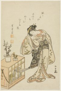 Ung kvinde med en abe i bur (kalendertryk til nytår 1776) af Katsukawa Shunsho