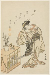 Ung kvinde med abe i bur (kalendertryk til nytår 1776) af Katsukawa Shunsho