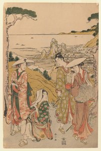 Et selskab af pilgrimme fra Yedo uden for et tehus på bakkerne bag Futami-stranden, der beundrer udsigten, 1795 (træblok i farver)