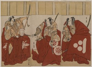 Ichikawa Monnosuke II som Urabe Suetake, Onoe Matsusuke I som Usui Sadamitsu og Nakamura Nakazo I som Watanabe no Tsuna i The Four Heavenly Kings Costumed as the Night Watch
