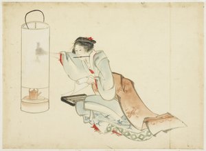 Lady Adjusting a Lamp, ca. 1815-1849 (blæk og farve på papir) af Katsushika (school of) Hokusai