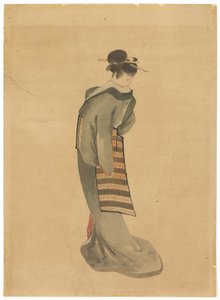 Standing Beauty (bagfra), ca. 1850 (blæk og farve på papir) af Katsushika (school of) Hokusai