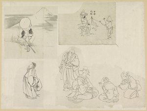 Fire scener med forskellige figurer af Katsushika Hokusai (possibly)
