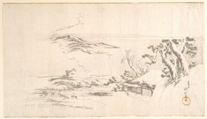Et snedækket landskab med grå skyer af Katsushika Hokusai