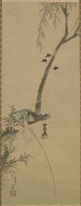 En dreng, der fisker fra et træs lem, Edo-periode (blæk og farvetone på silkepanel) af Katsushika Hokusai