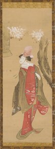 En danser, Kiyohime, et kirsebærtræ og klokken fra Dojo-ji, slutningen af det 18.-begyndelsen af det 19. århundrede. af Katsushika Hokusai