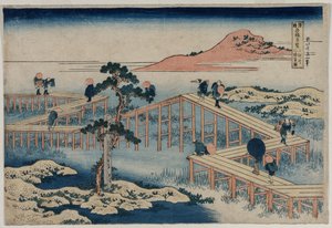 Et gammelt billede af broen med otte dele i Mikawa-provinsen (fra serien Curious Views of Famous Bridges in the Provinces) af Katsushika Hokusai