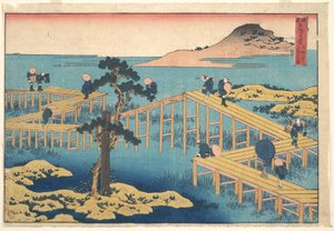 Gammelt motiv af Yatsuhashi i Mikawa-provinsen (Mikawa no Yatsuhashi no kozu), fra serien »Bemærkelsesværdige udsigter over broer i forskellige provinser« (Shokoku meikyō kiran) af Katsushika Hokusai