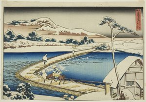 Gammel udsigt over pontonbroen ved Sano i Kozuke-provinsen (Kozuke Sano funabashi no kozu), fra serien "Usædvanlige udsigter over berømte broer i forskellige provinser (Shokoku meikyo kiran)" af Katsushika Hokusai