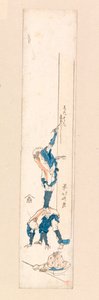 Taiteilija seisoo miehen selässä ja kirjoittaa pylvääseen, n.1820 (värillinen puupiirros) af Katsushika Hokusai