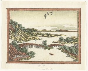 Aftenskær i Seta Seta no sekisho (titel på objekt) Graveret otte udsigter over Omi-provinsen (serietitel) Doban Omi hakkei (serietitel) af Katsushika Hokusai