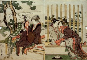 Azuma og Yogoro i den gamle sne. Koman og Yosaku i solnedgangen af Katsushika Hokusai
