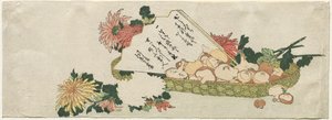 Kurv med vifte, krysantemum og svampe af Katsushika Hokusai